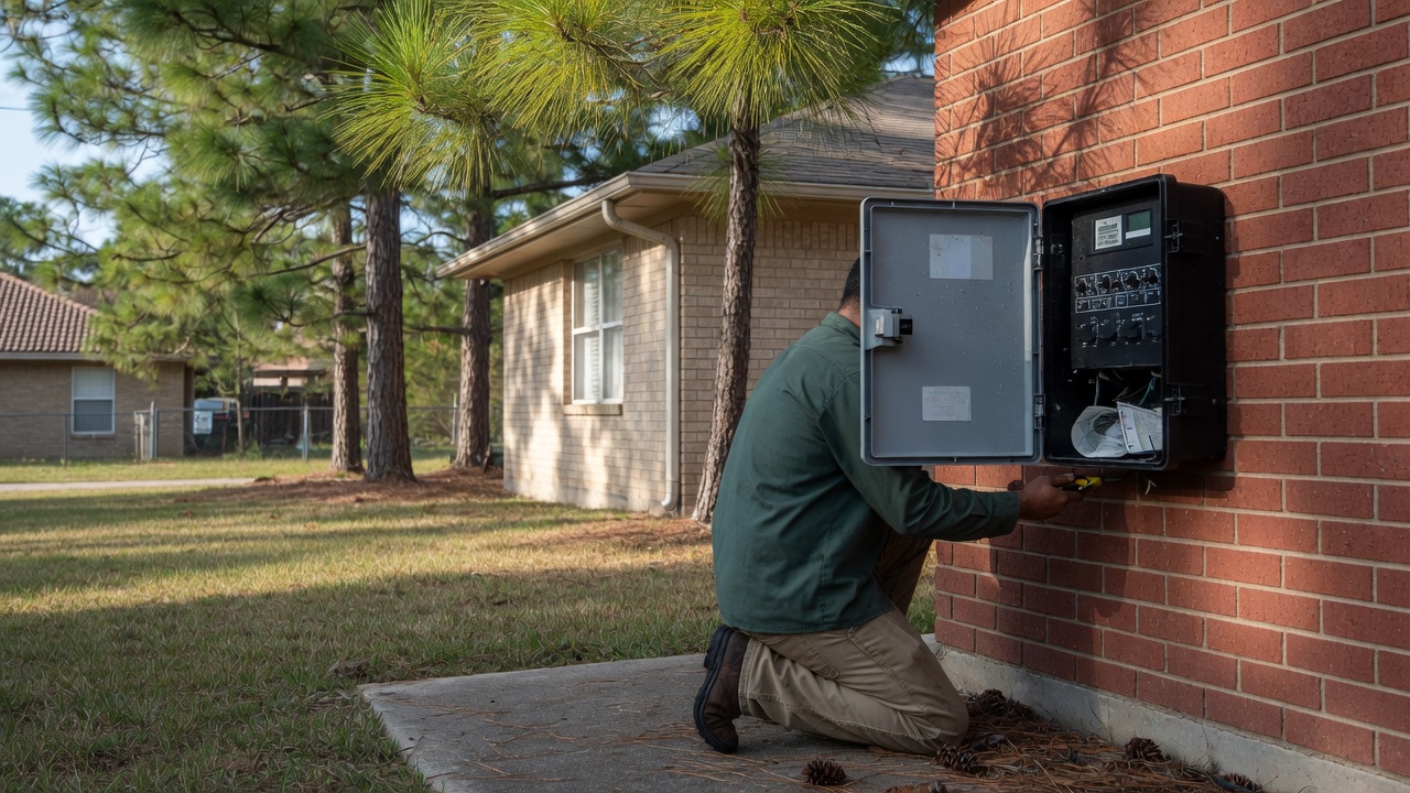 Technician at an irrigation controller under pine trees