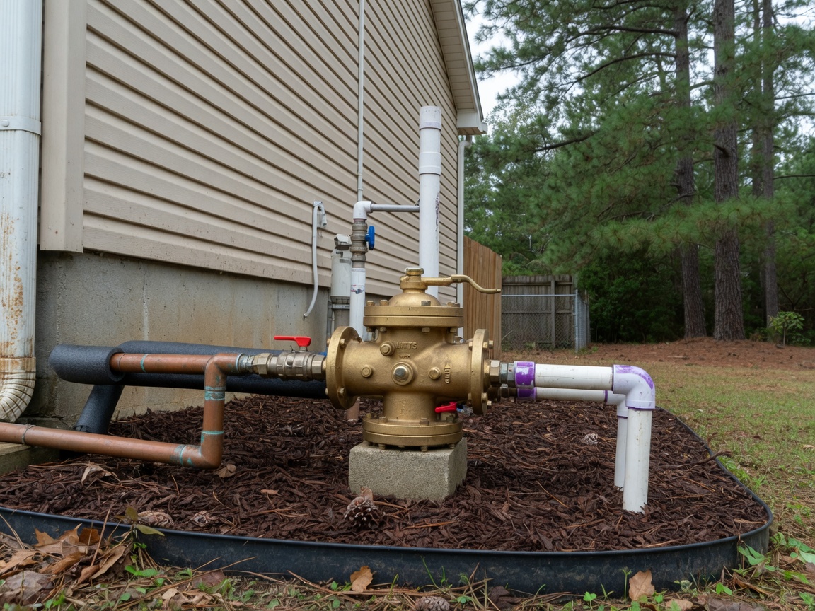 Residential backflow preventer on a side-yard pipe riser
