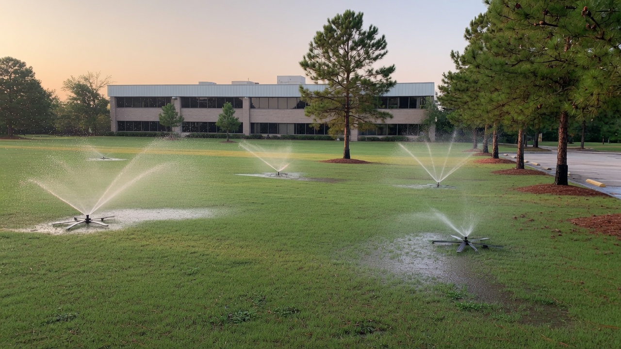 Rotor sprinklers watering a commercial lawn