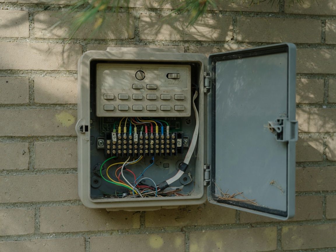 Open irrigation controller on a brick wall