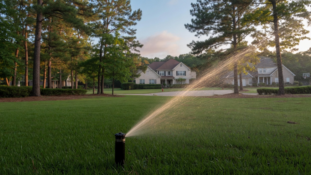 Pop-up sprinkler watering a pine-shaded lawn in The Woodlands