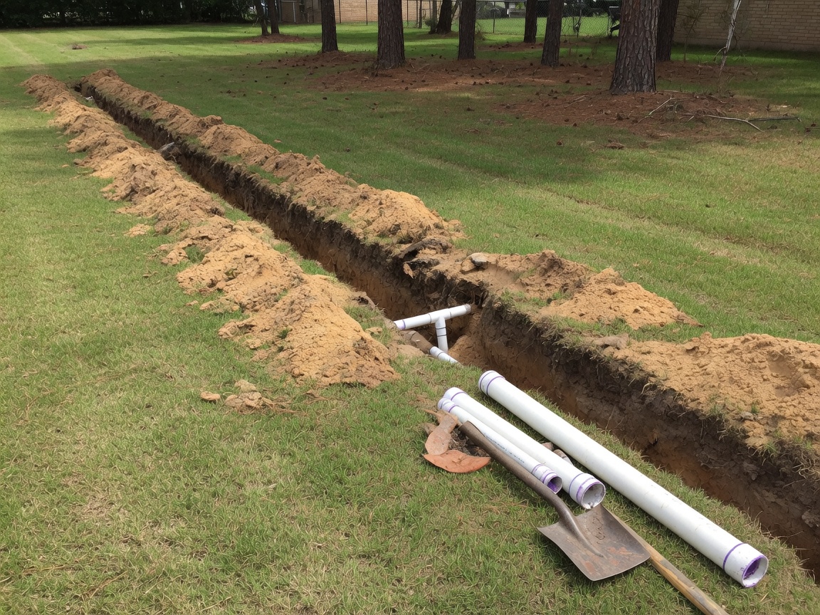 New PVC irrigation pipe laid in a lawn trench