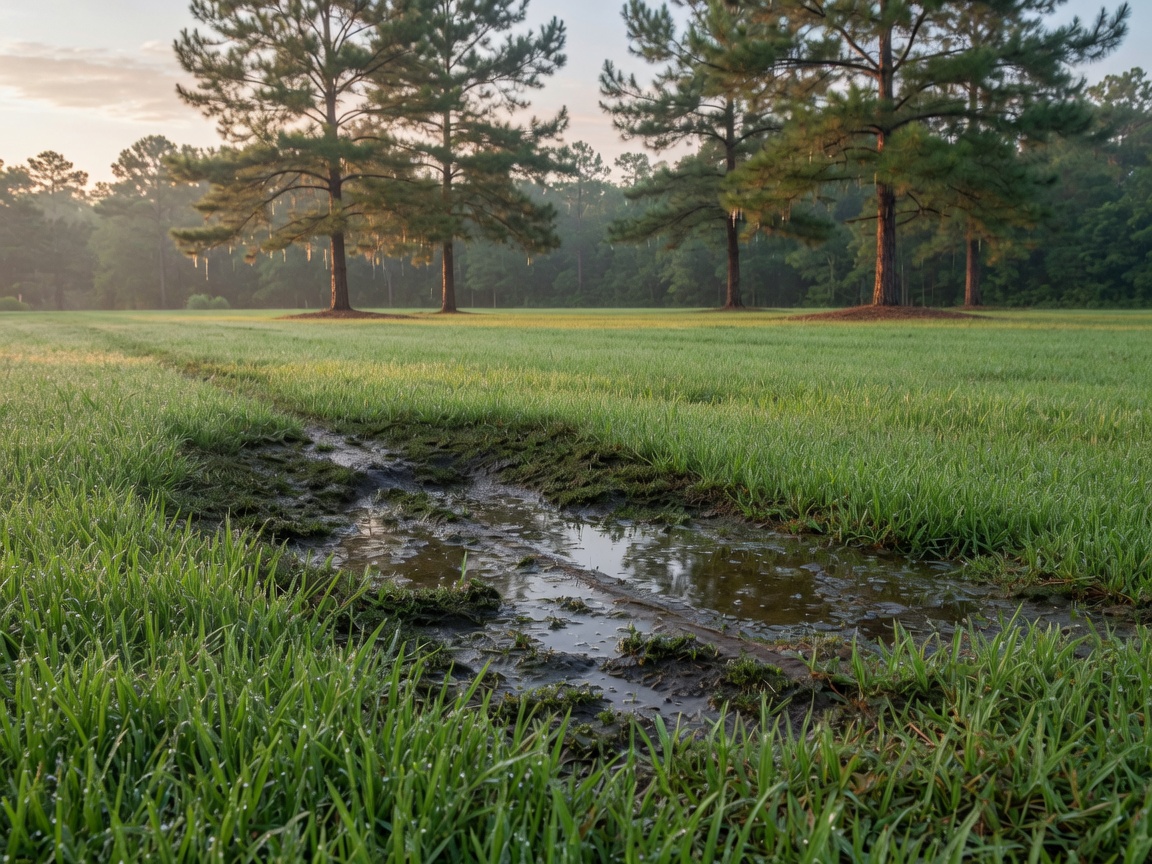 Wet depression in a lawn from an underground sprinkler leak