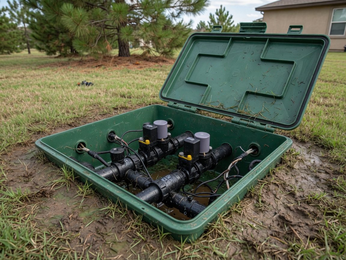 Open irrigation valve box with solenoids and wiring