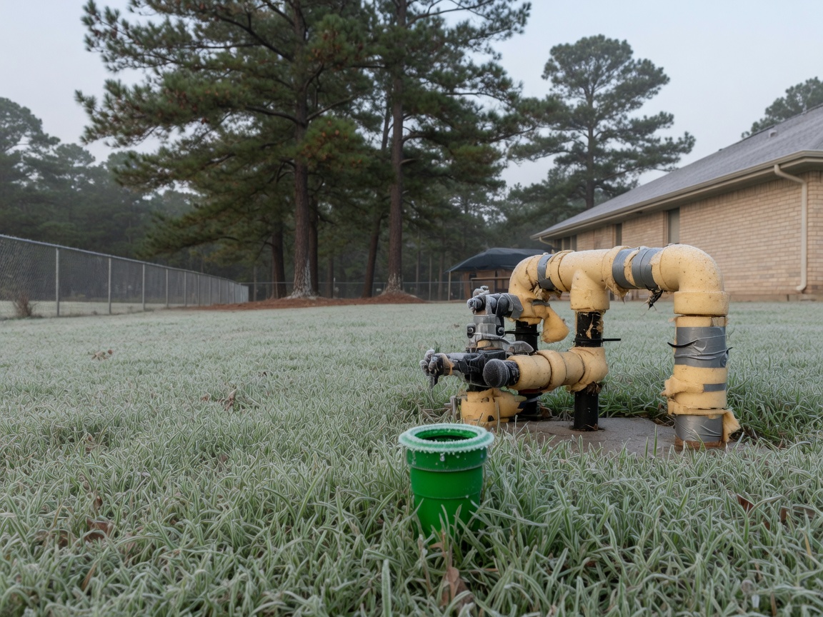 Frost on turf around a sprinkler head and insulated pipes